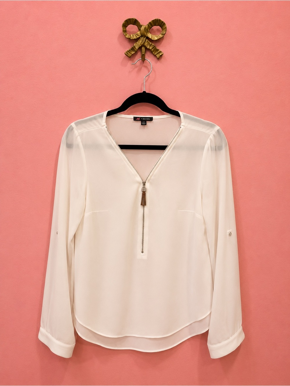 Michele Cream Zip-Front Long Sleeve Blouse